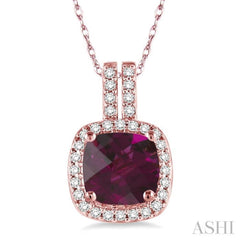 7x7 MM Cushion Shape Rhodolite Garnet and 1/5 Ctw Round Cut Diamond Pendant in 14K Rose Gold with Chain 7x7 MM Cushion Shape Rhodolite Garnet and 1/5 Ctw Round Cut Diamond Pendant in 14K Rose Gold with Chain