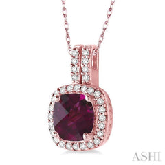7x7 MM Cushion Shape Rhodolite Garnet and 1/5 Ctw Round Cut Diamond Pendant in 14K Rose Gold with Chain 7x7 MM Cushion Shape Rhodolite Garnet and 1/5 Ctw Round Cut Diamond Pendant in 14K Rose Gold with Chain
