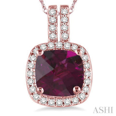 7x7 MM Cushion Shape Rhodolite Garnet and 1/5 Ctw Round Cut Diamond Pendant in 14K Rose Gold with Chain 7x7 MM Cushion Shape Rhodolite Garnet and 1/5 Ctw Round Cut Diamond Pendant in 14K Rose Gold with Chain
