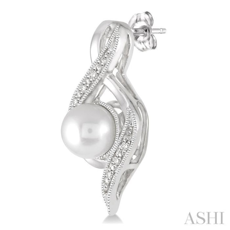 6.5 MM Round Shape Cultured Pearls and 1/20 ctw Round Cut Diamond Earrings in Sterling Silver 6.5 MM Round Shape Cultured Pearls and 1/20 ctw Round Cut Diamond Earrings in Sterling Silver
