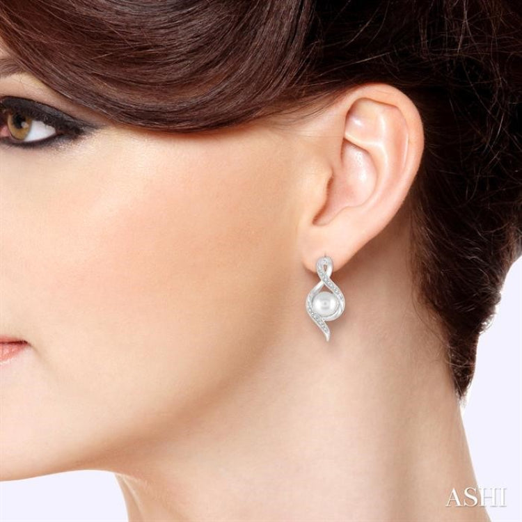 6.5 MM Round Shape Cultured Pearls and 1/20 ctw Round Cut Diamond Earrings in Sterling Silver 6.5 MM Round Shape Cultured Pearls and 1/20 ctw Round Cut Diamond Earrings in Sterling Silver