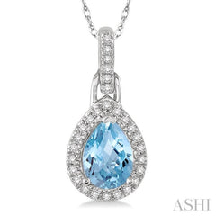 7x5 MM Pear Shape Aquamarine and 1/10 Ctw Round Cut Diamond Pendant in 14K White Gold with Chain 7x5 MM Pear Shape Aquamarine and 1/10 Ctw Round Cut Diamond Pendant in 14K White Gold with Chain