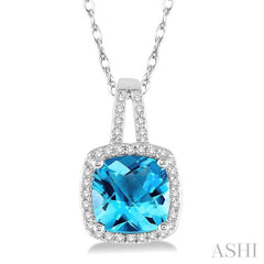 8x8 MM Cushion Shape Blue Topaz and 1/5 Ctw Round Cut Diamond Pendant in 10K White Gold with Chain 8x8 MM Cushion Shape Blue Topaz and 1/5 Ctw Round Cut Diamond Pendant in 10K White Gold with Chain