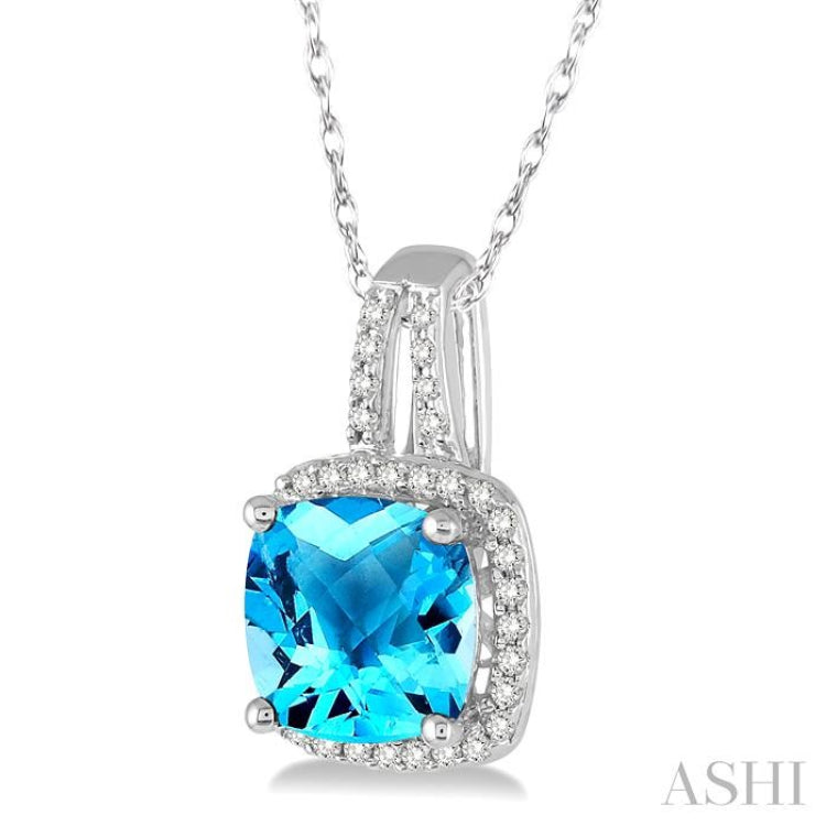 8x8 MM Cushion Shape Blue Topaz and 1/5 Ctw Round Cut Diamond Pendant in 10K White Gold with Chain 8x8 MM Cushion Shape Blue Topaz and 1/5 Ctw Round Cut Diamond Pendant in 10K White Gold with Chain
