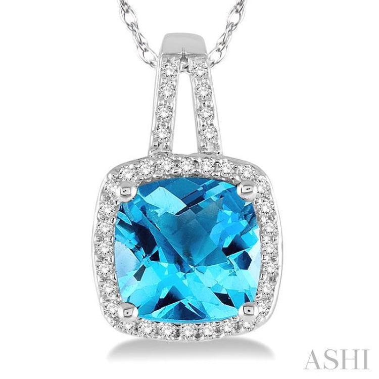 8x8 MM Cushion Shape Blue Topaz and 1/5 Ctw Round Cut Diamond Pendant in 10K White Gold with Chain 8x8 MM Cushion Shape Blue Topaz and 1/5 Ctw Round Cut Diamond Pendant in 10K White Gold with Chain