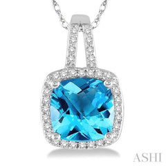 8x8 MM Cushion Shape Blue Topaz and 1/5 Ctw Round Cut Diamond Pendant in 10K White Gold with Chain 8x8 MM Cushion Shape Blue Topaz and 1/5 Ctw Round Cut Diamond Pendant in 10K White Gold with Chain