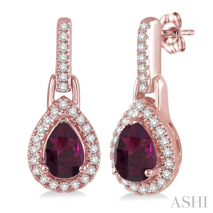 6x4 MM Pear Shape Rhodolite Garnet and 1/5 Ctw Round Cut Diamond Earrings in 10K Rose Gold 6x4 MM Pear Shape Rhodolite Garnet and 1/5 Ctw Round Cut Diamond Earrings in 10K Rose Gold
