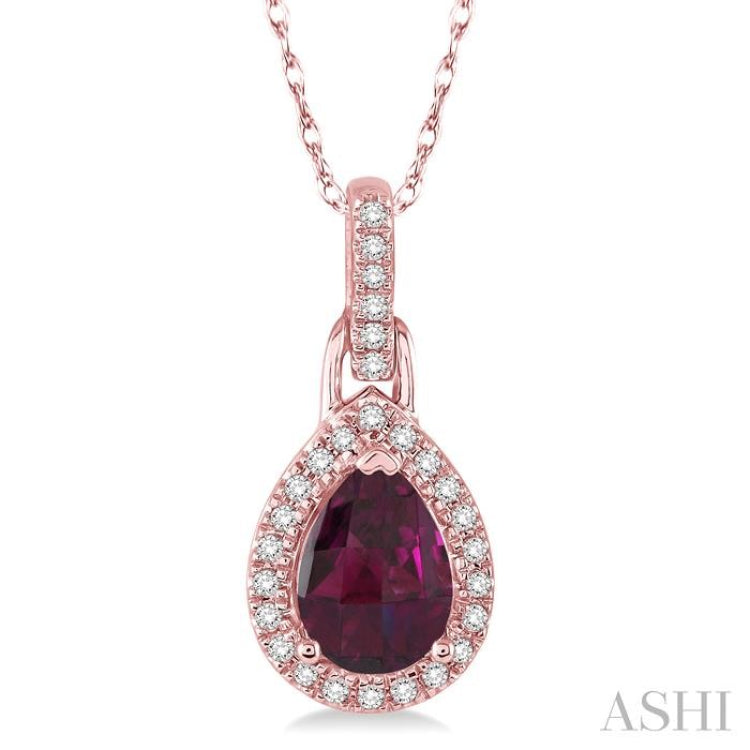 7x5 MM Pear Shape Rhodolite Garnet and 1/10 Ctw Round Cut Diamond Pendant in 10K Rose Gold with Chain 7x5 MM Pear Shape Rhodolite Garnet and 1/10 Ctw Round Cut Diamond Pendant in 10K Rose Gold with Chain