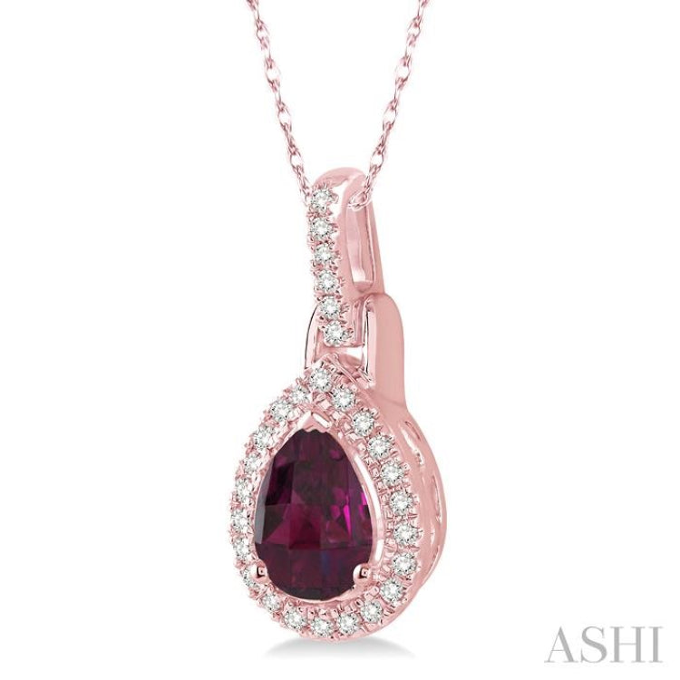 7x5 MM Pear Shape Rhodolite Garnet and 1/10 Ctw Round Cut Diamond Pendant in 10K Rose Gold with Chain 7x5 MM Pear Shape Rhodolite Garnet and 1/10 Ctw Round Cut Diamond Pendant in 10K Rose Gold with Chain