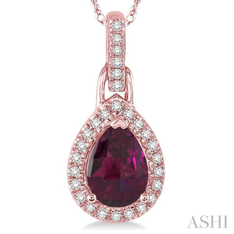 7x5 MM Pear Shape Rhodolite Garnet and 1/10 Ctw Round Cut Diamond Pendant in 10K Rose Gold with Chain 7x5 MM Pear Shape Rhodolite Garnet and 1/10 Ctw Round Cut Diamond Pendant in 10K Rose Gold with Chain