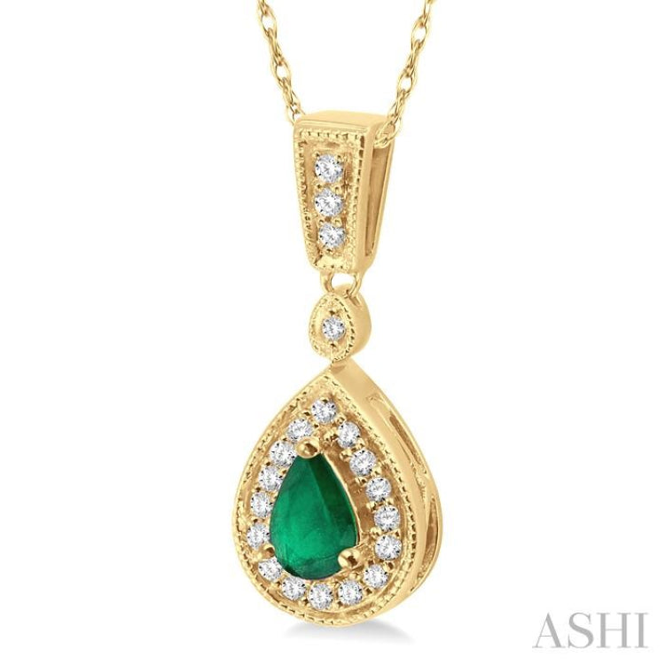 6x4 MM Pear Shape Emerald and 1/6 Ctw Round Cut Diamond Pendant in 14K Yellow Gold with Chain 6x4 MM Pear Shape Emerald and 1/6 Ctw Round Cut Diamond Pendant in 14K Yellow Gold with Chain