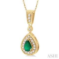 6x4 MM Pear Shape Emerald and 1/6 Ctw Round Cut Diamond Pendant in 14K Yellow Gold with Chain 6x4 MM Pear Shape Emerald and 1/6 Ctw Round Cut Diamond Pendant in 14K Yellow Gold with Chain