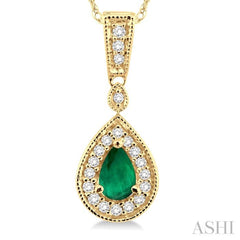 6x4 MM Pear Shape Emerald and 1/6 Ctw Round Cut Diamond Pendant in 14K Yellow Gold with Chain 6x4 MM Pear Shape Emerald and 1/6 Ctw Round Cut Diamond Pendant in 14K Yellow Gold with Chain