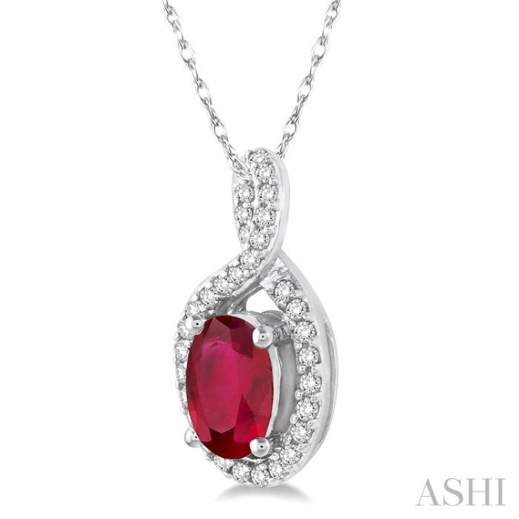 6x4 MM Oval Cut Ruby and 1/10 Ctw Round Cut Diamond Pendant in 14K White Gold with Chain 6x4 MM Oval Cut Ruby and 1/10 Ctw Round Cut Diamond Pendant in 14K White Gold with Chain