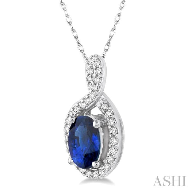 6x4 MM Oval Cut Sapphire and 1/10 Ctw Round Cut Diamond Pendant in 14K White Gold with Chain 6x4 MM Oval Cut Sapphire and 1/10 Ctw Round Cut Diamond Pendant in 14K White Gold with Chain