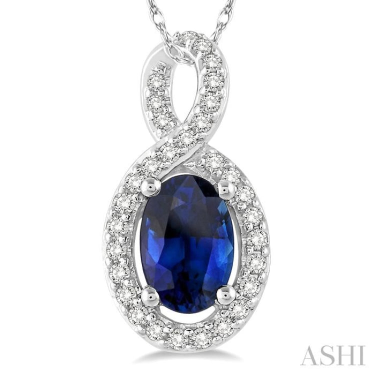 6x4 MM Oval Cut Sapphire and 1/10 Ctw Round Cut Diamond Pendant in 14K White Gold with Chain 6x4 MM Oval Cut Sapphire and 1/10 Ctw Round Cut Diamond Pendant in 14K White Gold with Chain