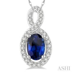 6x4 MM Oval Cut Sapphire and 1/10 Ctw Round Cut Diamond Pendant in 14K White Gold with Chain 6x4 MM Oval Cut Sapphire and 1/10 Ctw Round Cut Diamond Pendant in 14K White Gold with Chain