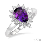 9x6 MM Pear Shape Amethyst and 1/10 Ctw Round Cut Diamond Semi-Precious Ring in 10K White Gold