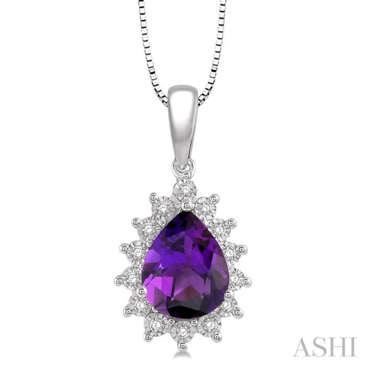 9X6 MM Pear Shape Amethyst and 1/10 Ctw Round Cut Diamond Semi-Precious Pendant With Chain in 10K White Gold 9X6 MM Pear Shape Amethyst and 1/10 Ctw Round Cut Diamond Semi-Precious Pendant With Chain in 10K White Gold