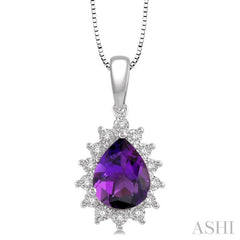 9X6 MM Pear Shape Amethyst and 1/10 Ctw Round Cut Diamond Semi-Precious Pendant With Chain in 10K White Gold 9X6 MM Pear Shape Amethyst and 1/10 Ctw Round Cut Diamond Semi-Precious Pendant With Chain in 10K White Gold