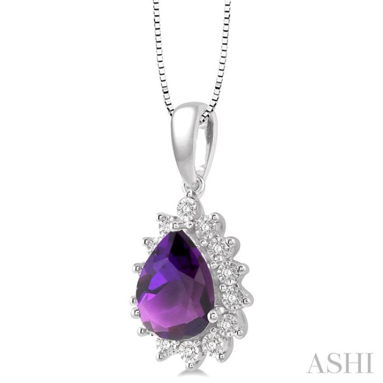 9X6 MM Pear Shape Amethyst and 1/10 Ctw Round Cut Diamond Semi-Precious Pendant With Chain in 10K White Gold 9X6 MM Pear Shape Amethyst and 1/10 Ctw Round Cut Diamond Semi-Precious Pendant With Chain in 10K White Gold