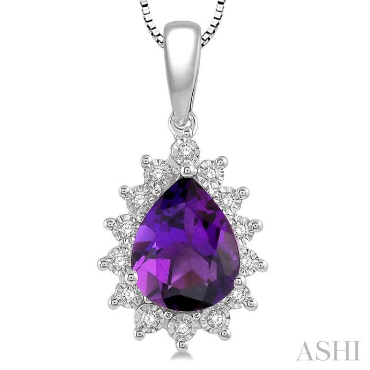9X6 MM Pear Shape Amethyst and 1/10 Ctw Round Cut Diamond Semi-Precious Pendant With Chain in 10K White Gold 9X6 MM Pear Shape Amethyst and 1/10 Ctw Round Cut Diamond Semi-Precious Pendant With Chain in 10K White Gold