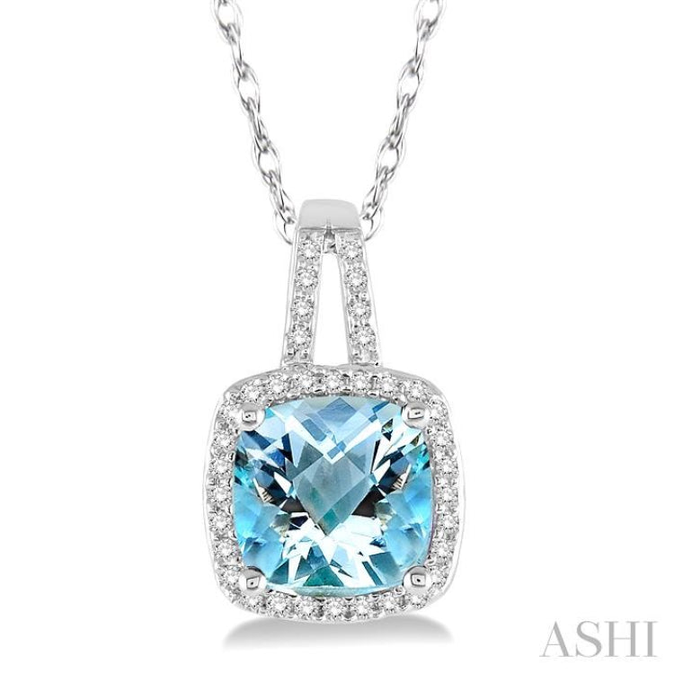 8x8 MM Cushion Shape Aquamarine and 1/5 Ctw Round Cut Diamond Pendant in 10K White Gold with Chain 8x8 MM Cushion Shape Aquamarine and 1/5 Ctw Round Cut Diamond Pendant in 10K White Gold with Chain