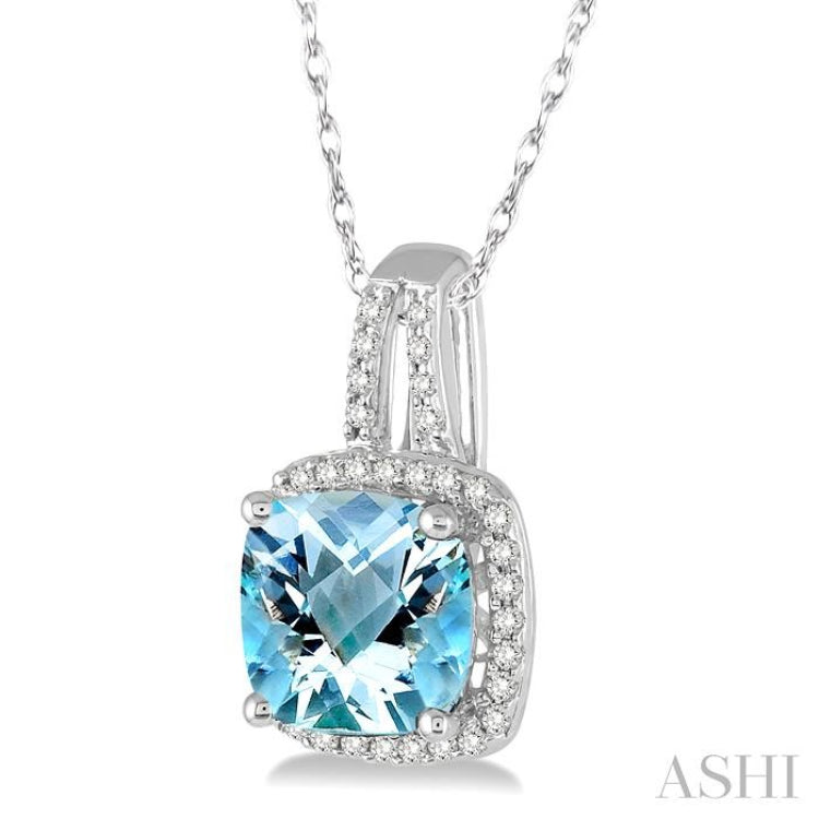 8x8 MM Cushion Shape Aquamarine and 1/5 Ctw Round Cut Diamond Pendant in 10K White Gold with Chain 8x8 MM Cushion Shape Aquamarine and 1/5 Ctw Round Cut Diamond Pendant in 10K White Gold with Chain