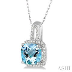 8x8 MM Cushion Shape Aquamarine and 1/5 Ctw Round Cut Diamond Pendant in 10K White Gold with Chain 8x8 MM Cushion Shape Aquamarine and 1/5 Ctw Round Cut Diamond Pendant in 10K White Gold with Chain