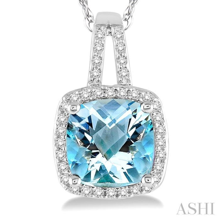 8x8 MM Cushion Shape Aquamarine and 1/5 Ctw Round Cut Diamond Pendant in 10K White Gold with Chain 8x8 MM Cushion Shape Aquamarine and 1/5 Ctw Round Cut Diamond Pendant in 10K White Gold with Chain