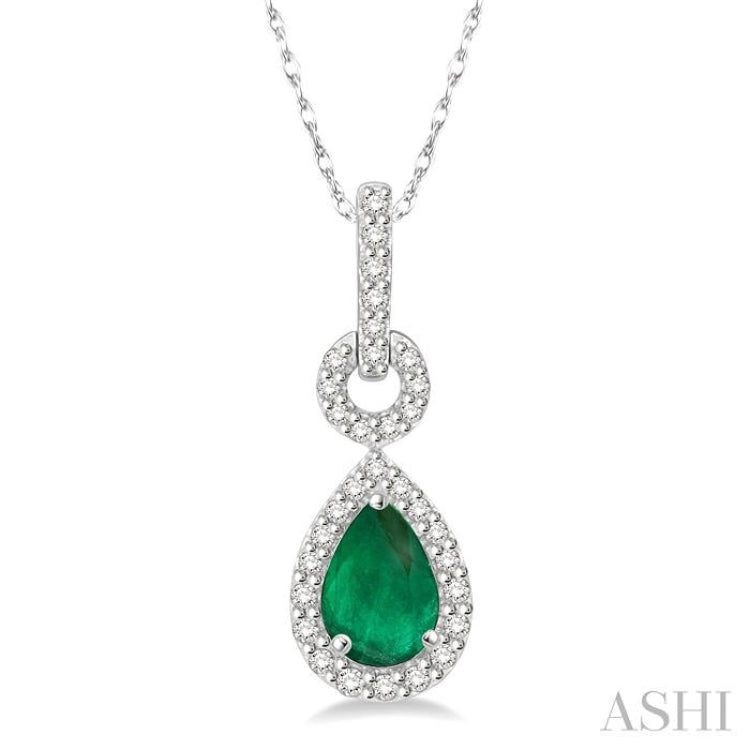 6x4 MM Pear Cut Drop Emerald and 1/6 Ctw Round Cut Diamond Precious Pendant in 10K White Gold with chain 6x4 MM Pear Cut Drop Emerald and 1/6 Ctw Round Cut Diamond Precious Pendant in 10K White Gold with chain