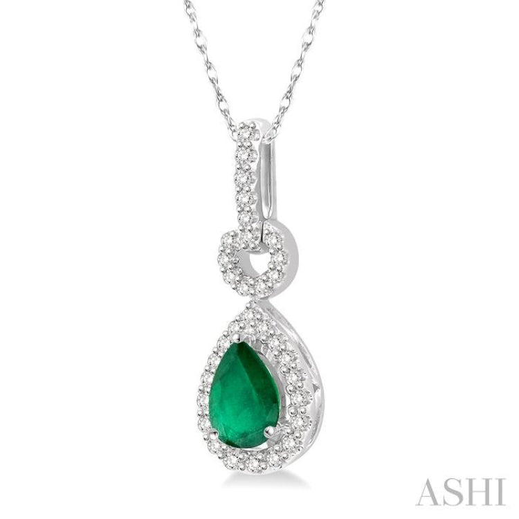 6x4 MM Pear Cut Drop Emerald and 1/6 Ctw Round Cut Diamond Precious Pendant in 10K White Gold with chain 6x4 MM Pear Cut Drop Emerald and 1/6 Ctw Round Cut Diamond Precious Pendant in 10K White Gold with chain