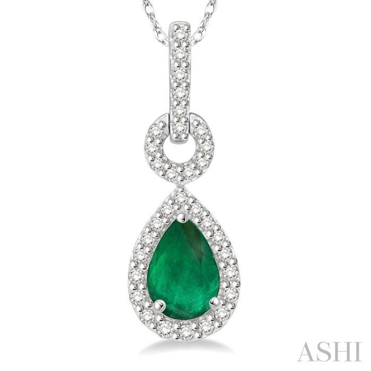 6x4 MM Pear Cut Drop Emerald and 1/6 Ctw Round Cut Diamond Precious Pendant in 10K White Gold with chain 6x4 MM Pear Cut Drop Emerald and 1/6 Ctw Round Cut Diamond Precious Pendant in 10K White Gold with chain