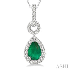 6x4 MM Pear Cut Drop Emerald and 1/6 Ctw Round Cut Diamond Precious Pendant in 10K White Gold with chain 6x4 MM Pear Cut Drop Emerald and 1/6 Ctw Round Cut Diamond Precious Pendant in 10K White Gold with chain