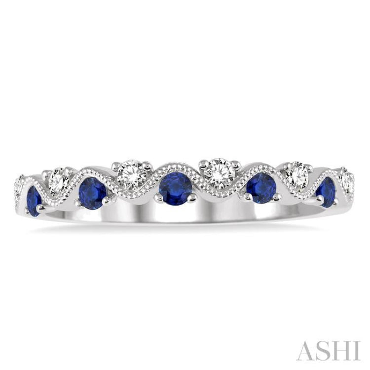 1.8 MM Sapphire and 1/6 Ctw Round Cut Diamond Precious Waves Wedding Band in 14K White Gold 1.8 MM Sapphire and 1/6 Ctw Round Cut Diamond Precious Waves Wedding Band in 14K White Gold