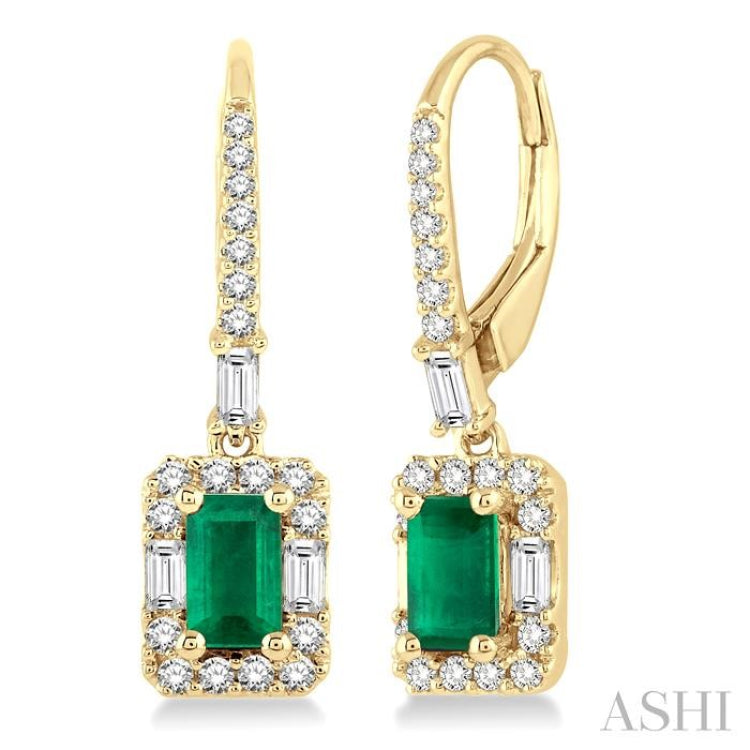 5x3 MM Octagon Cut Emerald and 1/2 Ctw Round Cut Diamond Precious Earrings in 14K Yellow Gold 5x3 MM Octagon Cut Emerald and 1/2 Ctw Round Cut Diamond Precious Earrings in 14K Yellow Gold