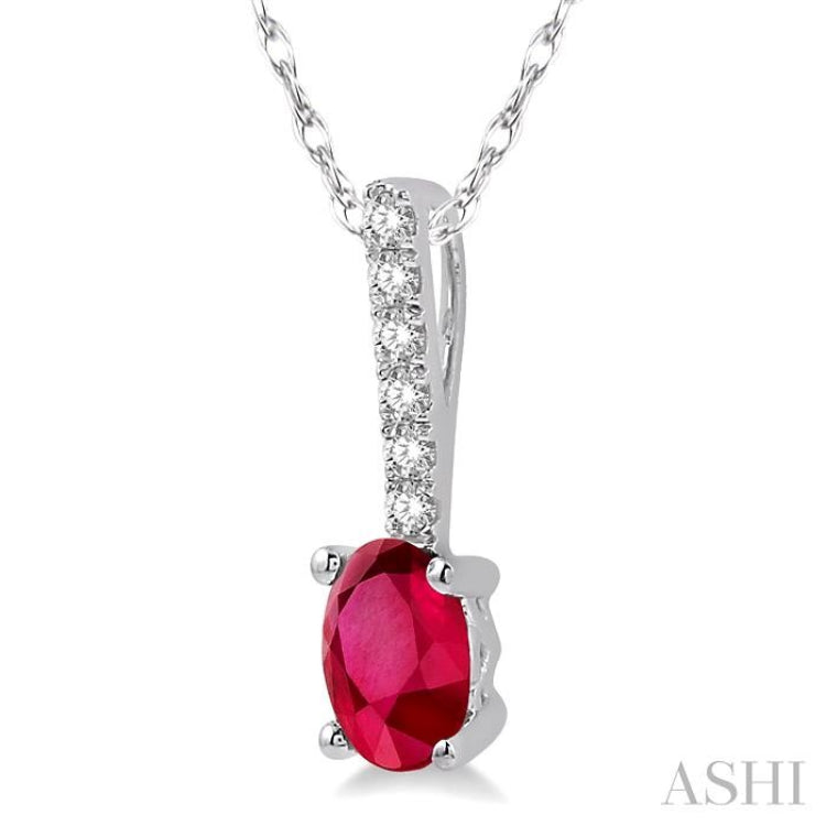 6x4 MM Oval Cut Ruby and 1/20 Ctw Round Cut Diamond Precious Pendant in 10K White Gold with chain 6x4 MM Oval Cut Ruby and 1/20 Ctw Round Cut Diamond Precious Pendant in 10K White Gold with chain