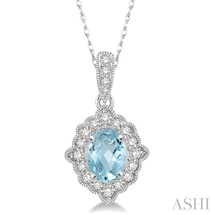 6x4 MM Ethnic Oval Cut Aquamarine and 1/6 Ctw Round Cut Diamond Semi-Precious Pendant in 10K White Gold with chain 6x4 MM Ethnic Oval Cut Aquamarine and 1/6 Ctw Round Cut Diamond Semi-Precious Pendant in 10K White Gold with chain