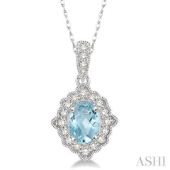 6x4 MM Ethnic Oval Cut Aquamarine and 1/6 Ctw Round Cut Diamond Semi-Precious Pendant in 10K White Gold with chain 6x4 MM Ethnic Oval Cut Aquamarine and 1/6 Ctw Round Cut Diamond Semi-Precious Pendant in 10K White Gold with chain