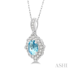 6x4 MM Ethnic Oval Cut Aquamarine and 1/6 Ctw Round Cut Diamond Semi-Precious Pendant in 10K White Gold with chain 6x4 MM Ethnic Oval Cut Aquamarine and 1/6 Ctw Round Cut Diamond Semi-Precious Pendant in 10K White Gold with chain
