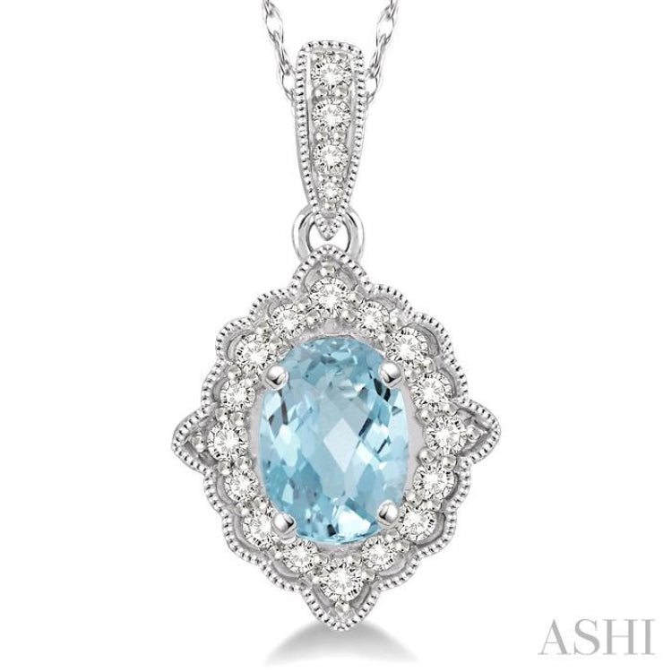 6x4 MM Ethnic Oval Cut Aquamarine and 1/6 Ctw Round Cut Diamond Semi-Precious Pendant in 10K White Gold with chain 6x4 MM Ethnic Oval Cut Aquamarine and 1/6 Ctw Round Cut Diamond Semi-Precious Pendant in 10K White Gold with chain