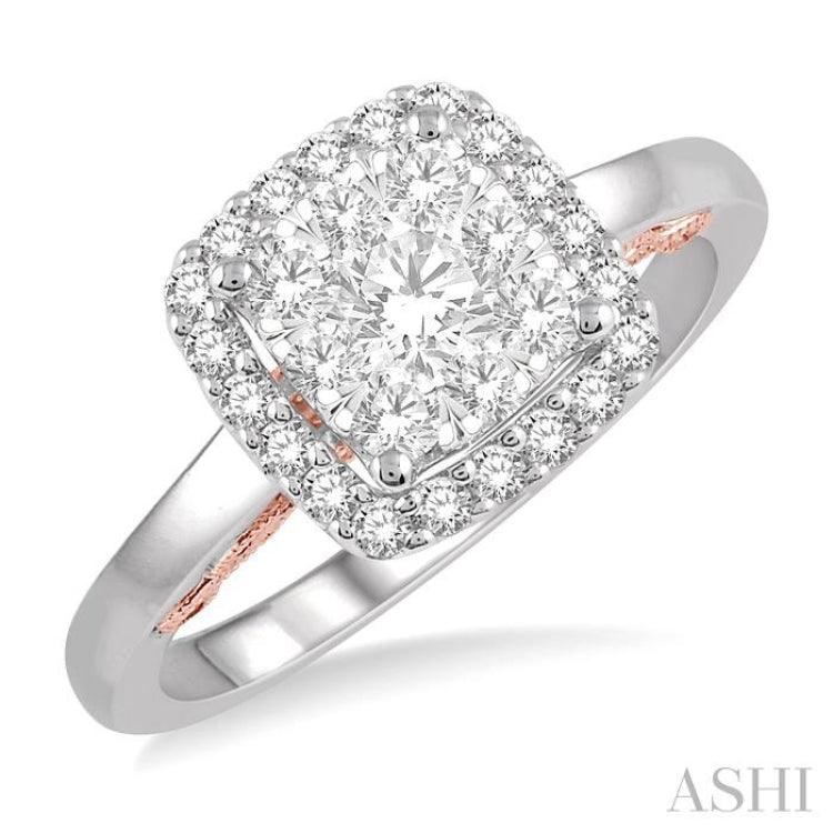 3/4 ctw Cushion Shape Lovebright Round Cut Diamond Ring in 14K White and Rose Gold 3/4 ctw Cushion Shape Lovebright Round Cut Diamond Ring in 14K White and Rose Gold