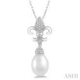 9X7 MM Drop Shape Cultured Pearl and 1/10 Ctw Round Cut Diamond Fleur De Lis Pendant With Chain in 10K White Gold