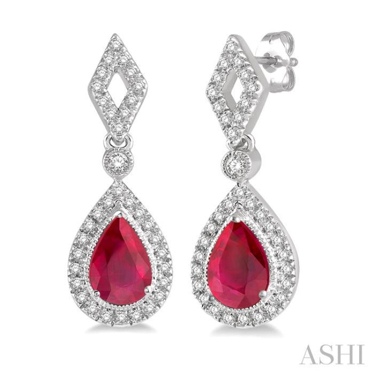 5x3 MM Pear Shape Ruby and 1/5 Ctw Round Cut Diamond Precious Earring in 10K White Gold 5x3 MM Pear Shape Ruby and 1/5 Ctw Round Cut Diamond Precious Earring in 10K White Gold