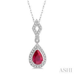 6x4 MM Pear Shape Ruby and 1/6 Ctw Round Cut Diamond Precious Pendant With Chain in 10K White Gold 6x4 MM Pear Shape Ruby and 1/6 Ctw Round Cut Diamond Precious Pendant With Chain in 10K White Gold