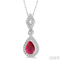 6x4 MM Pear Shape Ruby and 1/6 Ctw Round Cut Diamond Precious Pendant With Chain in 10K White Gold 6x4 MM Pear Shape Ruby and 1/6 Ctw Round Cut Diamond Precious Pendant With Chain in 10K White Gold