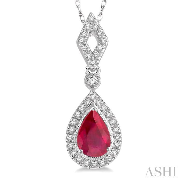 6x4 MM Pear Shape Ruby and 1/6 Ctw Round Cut Diamond Precious Pendant With Chain in 10K White Gold 6x4 MM Pear Shape Ruby and 1/6 Ctw Round Cut Diamond Precious Pendant With Chain in 10K White Gold