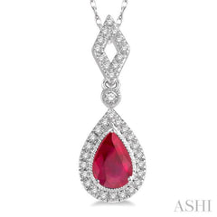6x4 MM Pear Shape Ruby and 1/6 Ctw Round Cut Diamond Precious Pendant With Chain in 10K White Gold 6x4 MM Pear Shape Ruby and 1/6 Ctw Round Cut Diamond Precious Pendant With Chain in 10K White Gold