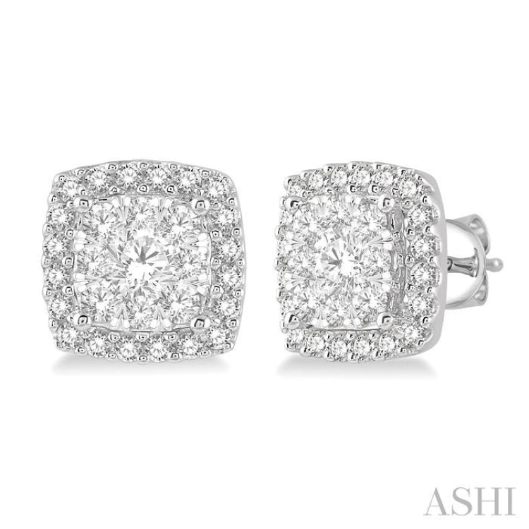 1 Ctw Cushion Shape Lovebright Round Cut Diamond Stud Earrings in 14K White Gold 1 Ctw Cushion Shape Lovebright Round Cut Diamond Stud Earrings in 14K White Gold