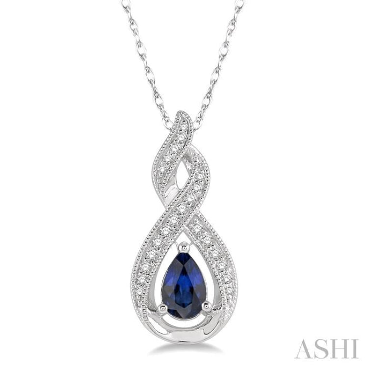 6x4 MM Entwined Pear Shape Sapphire and 1/10 Ctw Round Cut Diamond Precious Pendant With Chain in 10K White Gold 6x4 MM Entwined Pear Shape Sapphire and 1/10 Ctw Round Cut Diamond Precious Pendant With Chain in 10K White Gold